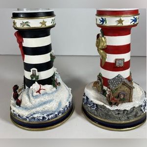 Pair of Danbury Mint Lighthouse Candle Holders Christmas‎ Santa Polar Bear